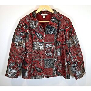 Christopher & Banks Red Silver Jacket Zip Womens Sz L Metallic Paisley Edgy Bold